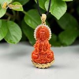  Dây chuyền mặt phật quan âm bồ tát đá ngọc huyết hợp mệnh hỏa thổ bọc bạc mạ vàng 10k 