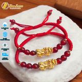  Vòng tay chỉ đỏ tươi bện tỳ hưu bạc mạ màu vàng tài lộc mix hạt mã não 6 li may mắn 