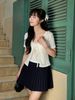 FAT3581 - Áo thun dệt kim vải len dáng ngắn tay cộc phối dây nơ thắt tạo kiểu kèm áo dây mặc trong - JAN.