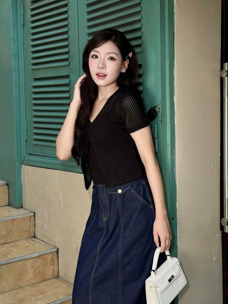 FAT3581 - Áo thun dệt kim vải len dáng ngắn tay cộc phối dây nơ thắt tạo kiểu kèm áo dây mặc trong - JAN.