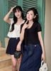 FAT3581 - Áo thun dệt kim vải len dáng ngắn tay cộc phối dây nơ thắt tạo kiểu kèm áo dây mặc trong - JAN.