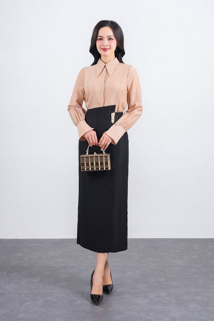 FJD51264 - Chân váy dài vải thô dáng suông eo phối vạt lệch tạo kiểu kèm phụ kiện kim loại thời trang - PANTIO