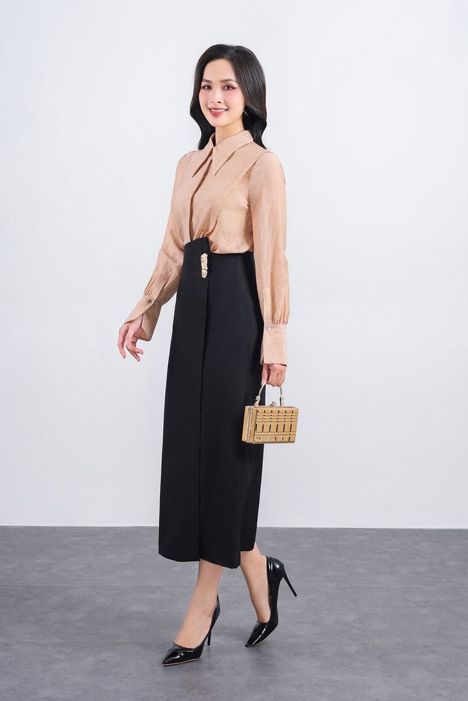 FJD51264 - Chân váy dài vải thô dáng suông eo phối vạt lệch tạo kiểu kèm phụ kiện kim loại thời trang - PANTIO