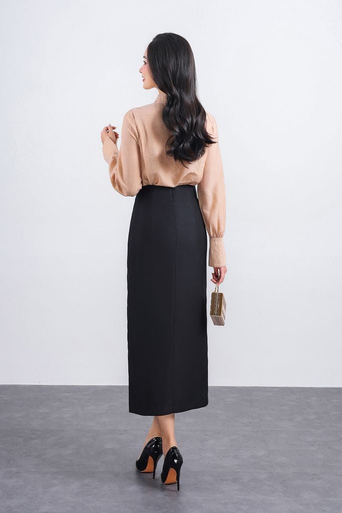 FJD51264 - Chân váy dài vải thô dáng suông eo phối vạt lệch tạo kiểu kèm phụ kiện kim loại thời trang - PANTIO