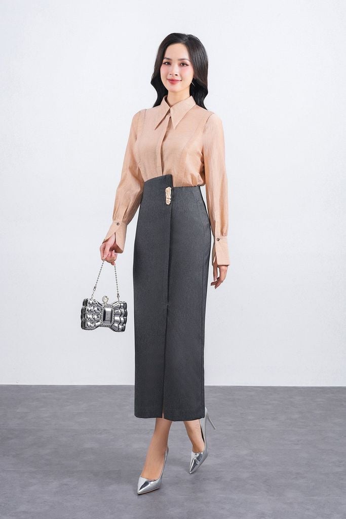 FJD51264 - Chân váy dài vải thô dáng suông eo phối vạt lệch tạo kiểu kèm phụ kiện kim loại thời trang - PANTIO