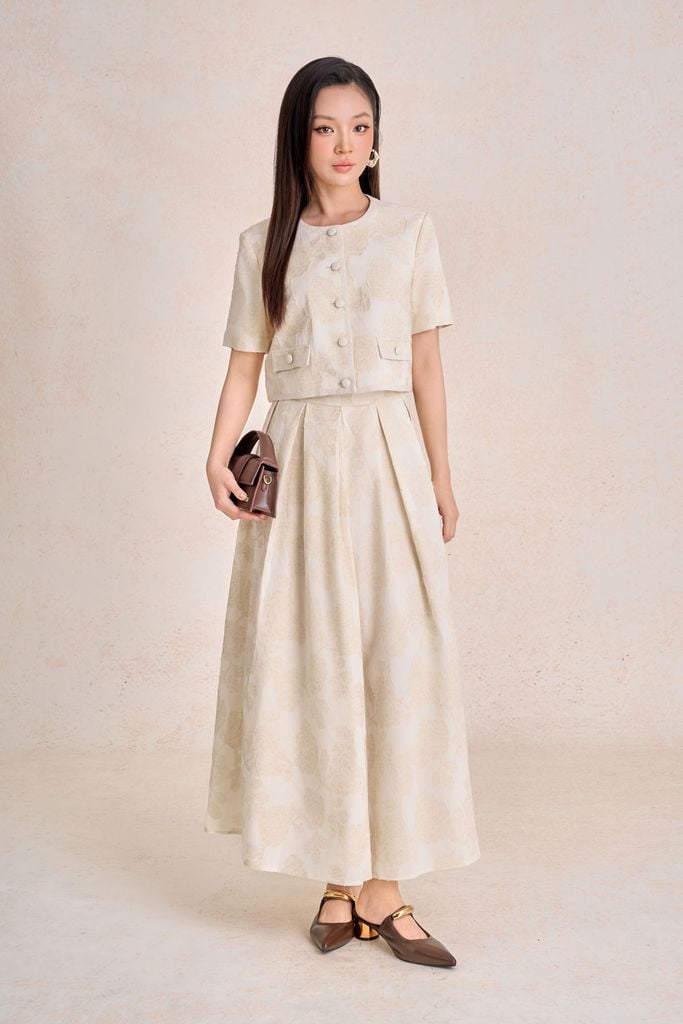 BJD13682 - Chân váy dài công sở vải linen dáng chữ A thân váy phối ly bung dáng xoè khoá thân sau - PANTIO