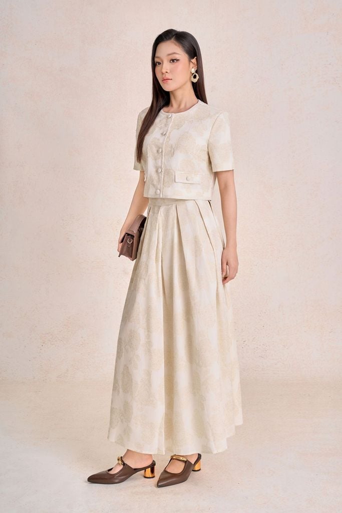 BJD13682 - Chân váy dài công sở vải linen dáng chữ A thân váy phối ly bung dáng xoè khoá thân sau - PANTIO