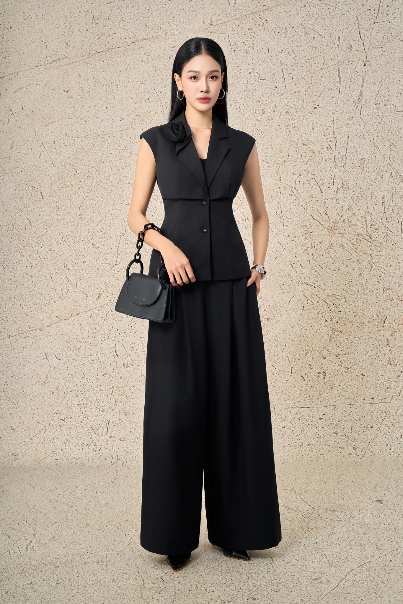 BQD13280 - Quần dài công sở vải thô đũi dáng suông ống rộng phối ly bung thời trang - PANTIO