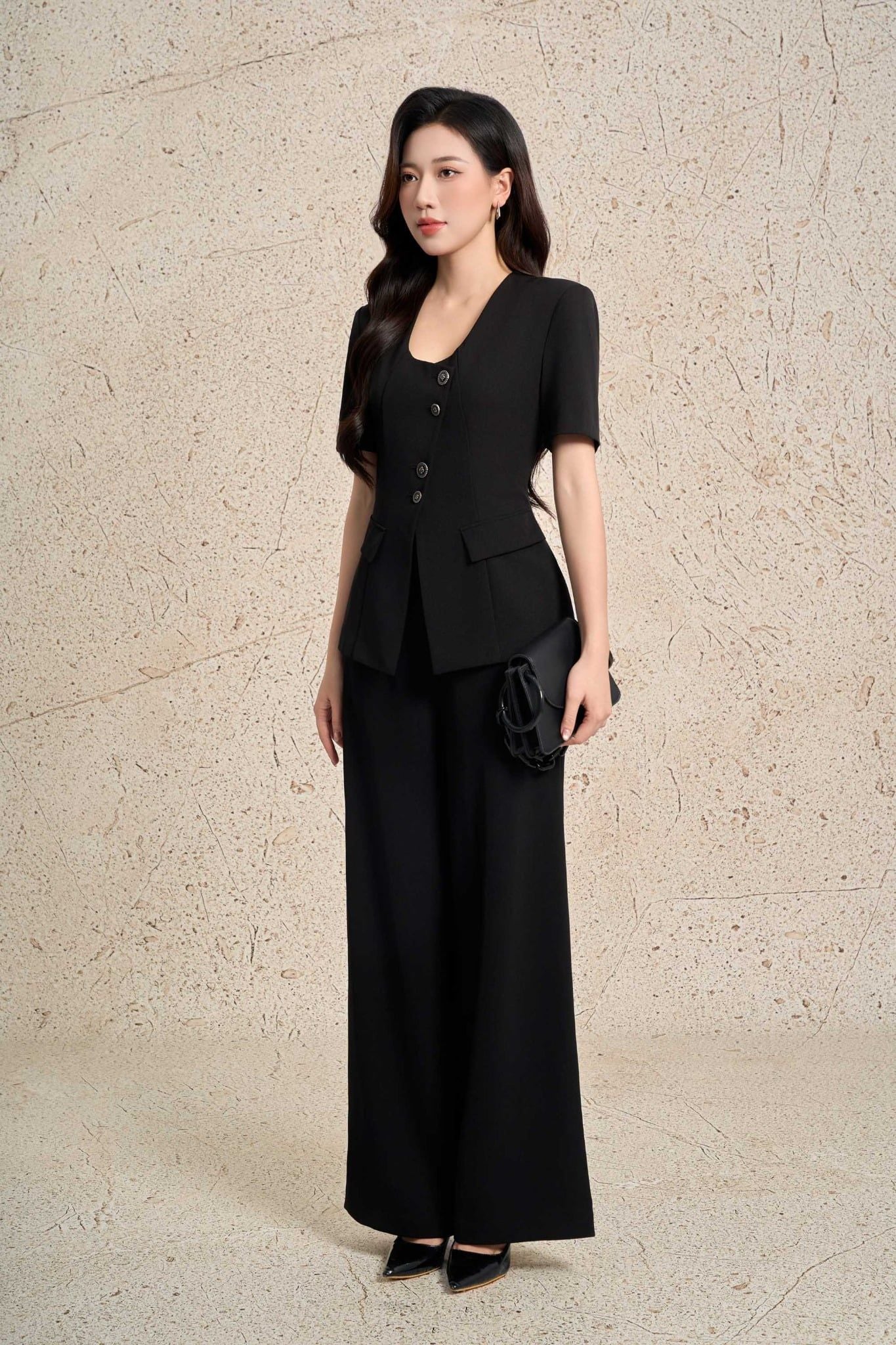 BAD13371 - Áo kiểu công sở vải thô dáng ôm cổ tròn tay ngắn thân áo phối khuy thời trang - PANTIO