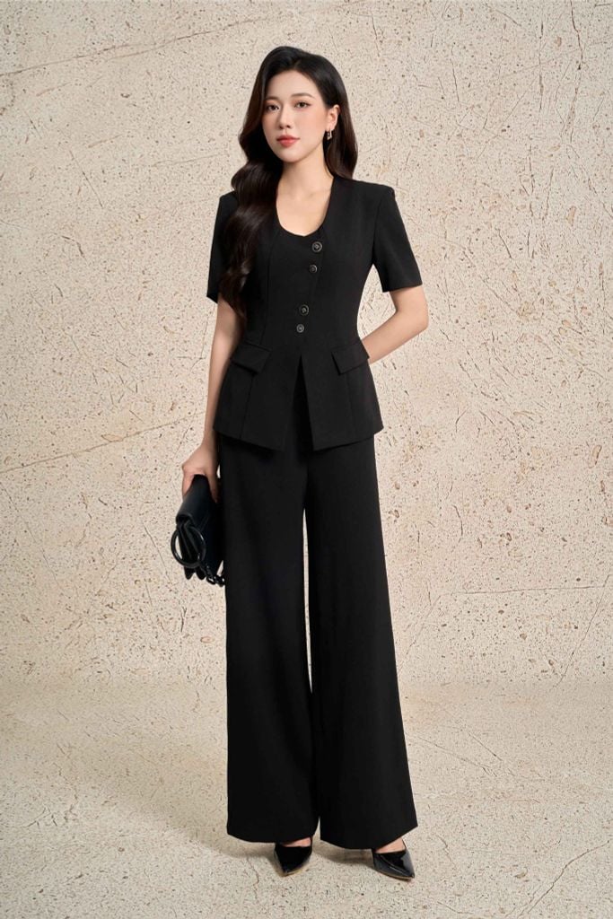 BQD13371 - Quần dài công sở vải thô dáng suông ống đứng cạp cao khoá thân sau - PANTIO