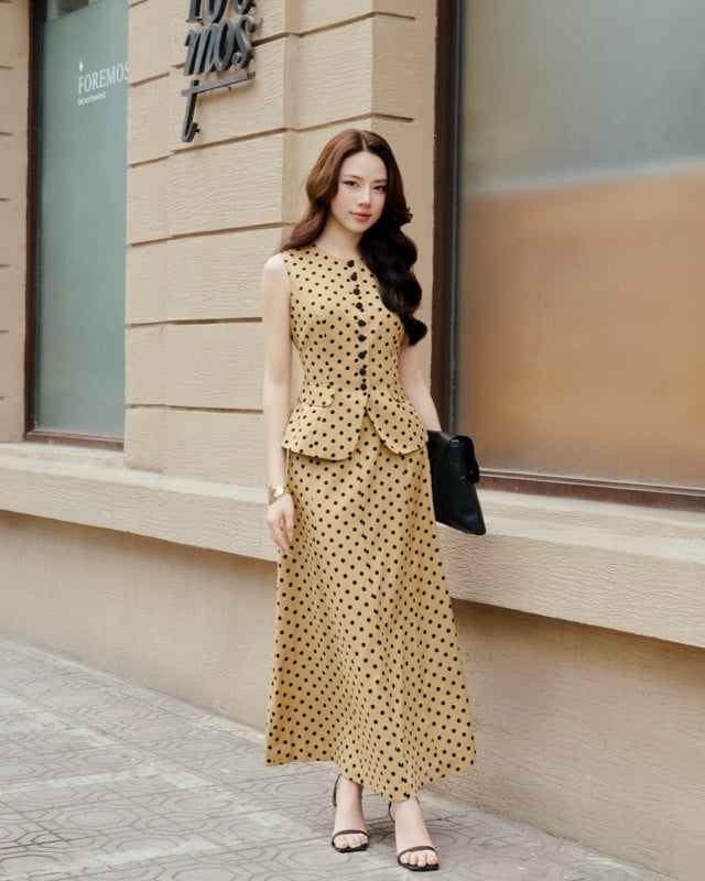 BJD13652 - Chân váy dài công sở vải thô lụa chấm bi dáng chữ A khoá thân sau - PANTIO