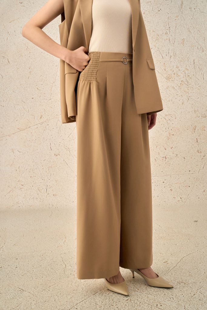 BQD33423 - Quần dài công sở vải thô dáng suông ống rộng bên hông phối chun co giãn thời trang - PANTIO