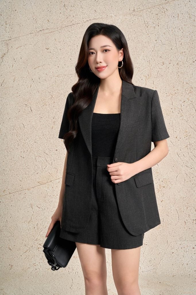 BQN33496 - Quần short dạo phố vải thô kẻ dáng suông ống suông thời trang khoá thân trước - PANTIO