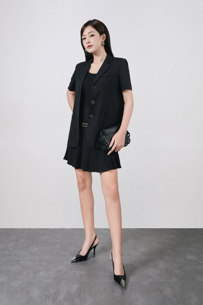 BJN33500 - Chân váy ngắn vải thô ánh nhũ dáng xoè cạp trễ thân váy xếp ly tạo kiểu khoá sườn - PANTIO