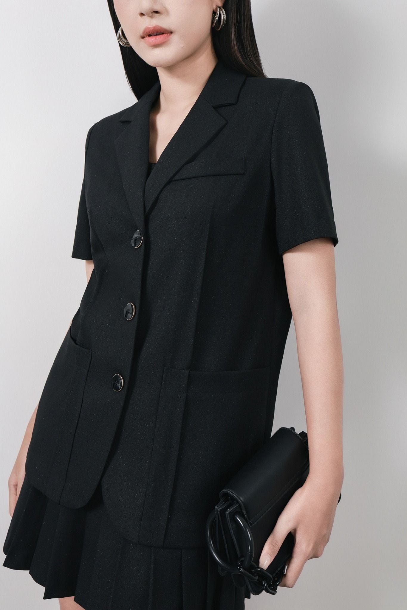 BJN33500 - Chân váy ngắn vải thô ánh nhũ dáng xoè cạp trễ thân váy xếp ly tạo kiểu khoá sườn - PANTIO