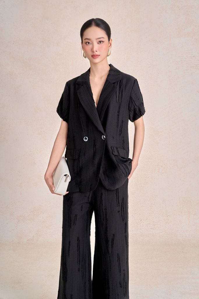 BAD33727 - Áo vest công sở vải tơ dáng suông cổ hai ve tay cộc thân áo có túi tạo kiểu - PANTIO