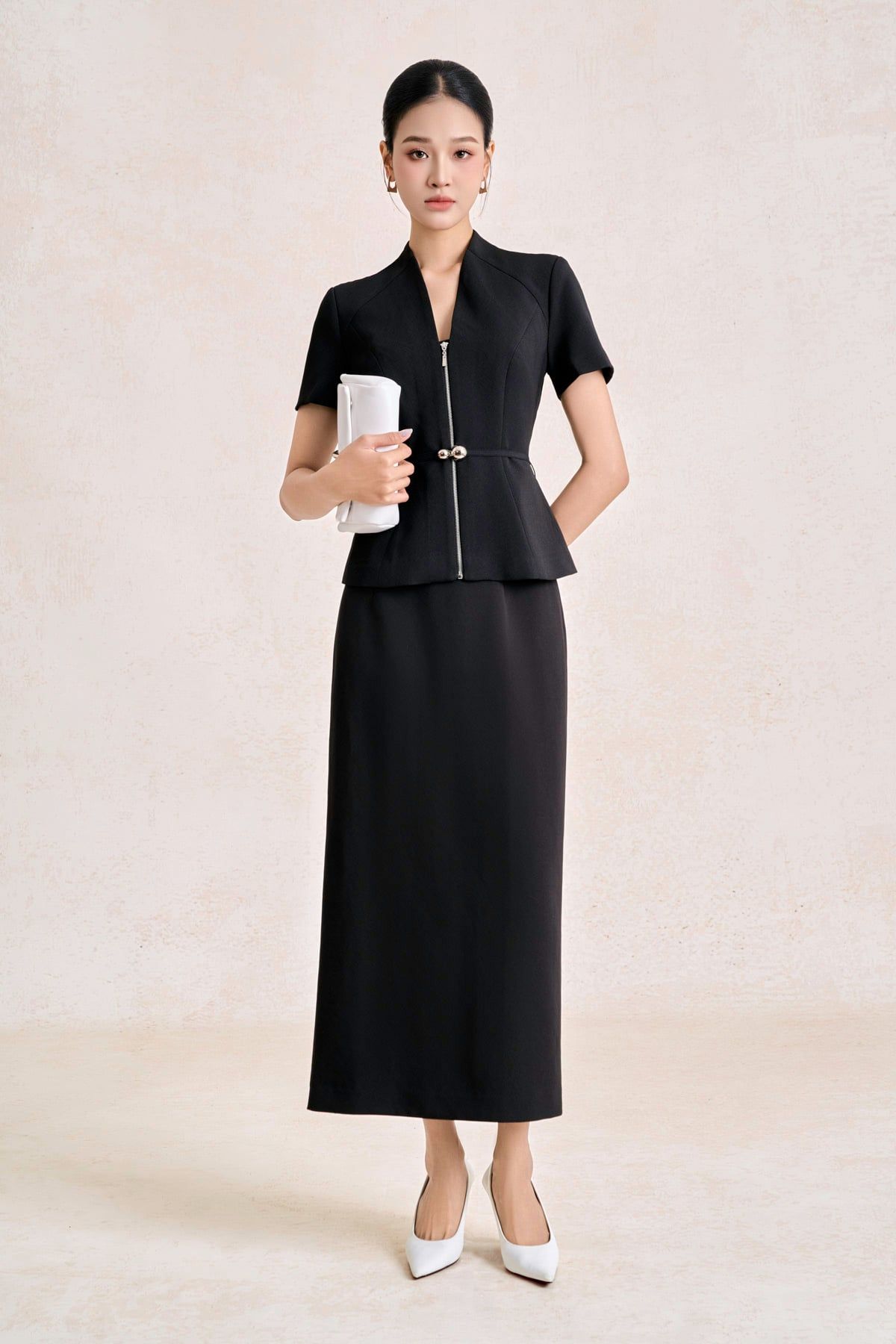 BAD33783 - Áo kiểu công sở vải thô dáng peplum cổ xẻ V tay cộc thân áo phối khoá kim loại kèm dây lưung tạo kiểu - tỷ lệ kèo 8899