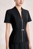 BAD33783 - Áo kiểu công sở vải thô dáng peplum cổ xẻ V tay cộc thân áo phối khoá kim loại kèm dây lưung tạo kiểu - tỷ lệ kèo 8899