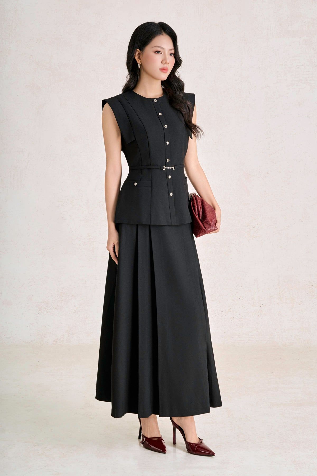 BAD33827 - Áo kiểu công sở vải thô đũi dáng peplum cổ tròn tay chờm thân áo phối khuy đá tạo kiểu - PANTIO