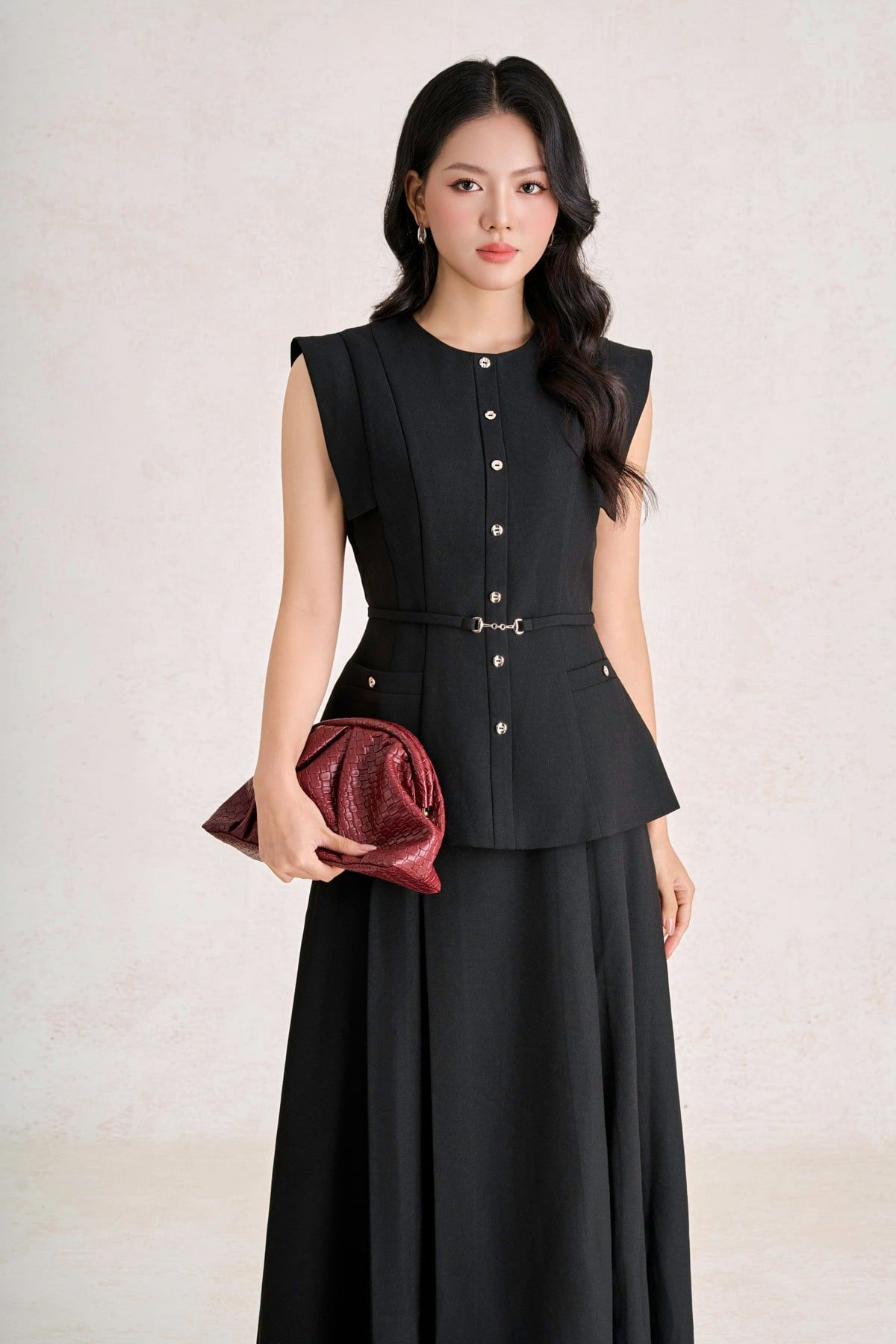 BAD33827 - Áo kiểu công sở vải thô đũi dáng peplum cổ tròn tay chờm thân áo phối khuy đá tạo kiểu - PANTIO