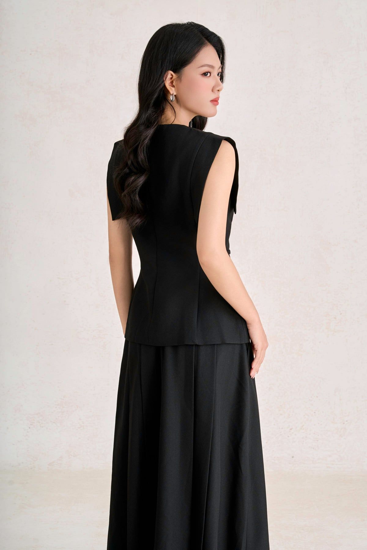 BAD33827 - Áo kiểu công sở vải thô đũi dáng peplum cổ tròn tay chờm thân áo phối khuy đá tạo kiểu - PANTIO