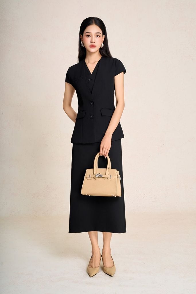 BAD73575 - Áo kiểu công sở vải phi cát dáng peplum cổ V tay chờm thân áo phối khuy bọc có túi ốp tạo kiểu - PANTIO