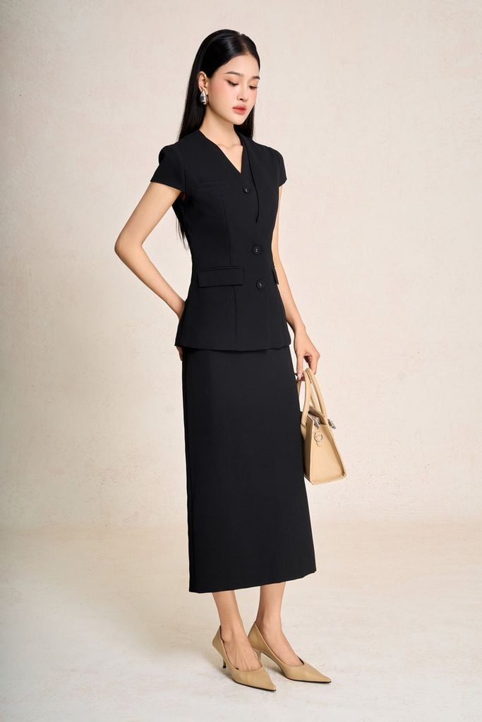 BAD73575 - Áo kiểu công sở vải phi cát dáng peplum cổ V tay chờm thân áo phối khuy bọc có túi ốp tạo kiểu - PANTIO