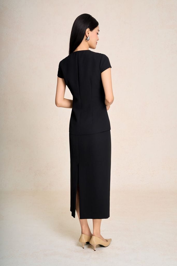 BAD73575 - Áo kiểu công sở vải phi cát dáng peplum cổ V tay chờm thân áo phối khuy bọc có túi ốp tạo kiểu - PANTIO