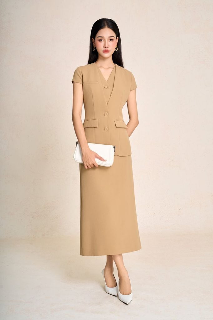 BAD73575 - Áo kiểu công sở vải phi cát dáng peplum cổ V tay chờm thân áo phối khuy bọc có túi ốp tạo kiểu - PANTIO
