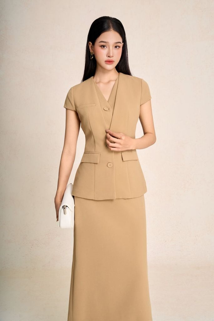 BAD73575 - Áo kiểu công sở vải phi cát dáng peplum cổ V tay chờm thân áo phối khuy bọc có túi ốp tạo kiểu - PANTIO