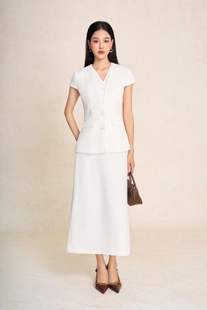 BAD73575 - Áo kiểu công sở vải phi cát dáng peplum cổ V tay chờm thân áo phối khuy bọc có túi ốp tạo kiểu - PANTIO