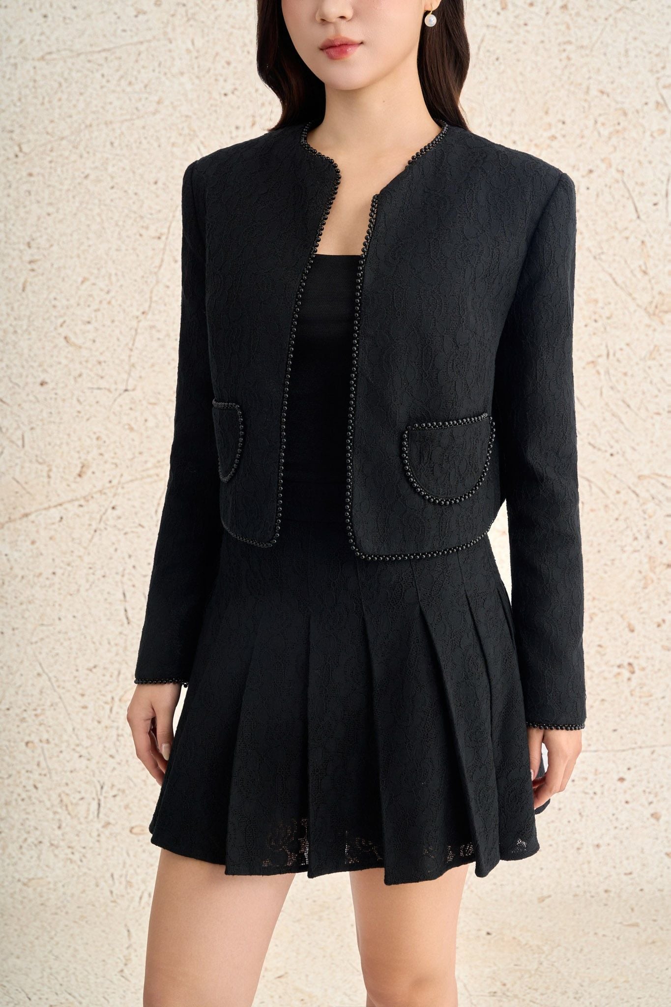 BJN93583 - Chân váy ngắn công sở vải ren lưới eo đáp cạp thời trang thân váy xếp ly tạo kiểu - PANTIO