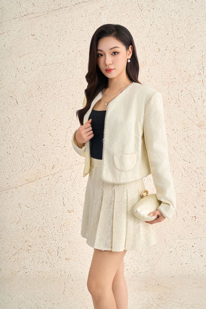 BAD93583 - Áo khoác kiểu công sở vải ren lưới dáng ngắn cổ tròn tay dài thân áo có túi tạo kiểu - PANTIO