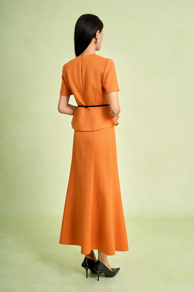 BAD93641 - Áo kiểu công sở vải thô dày dáng peplum cổ tròn tay phồng nhẹ ngực áo đính hoa kèm dây đai tạo kiểu - PANTIO