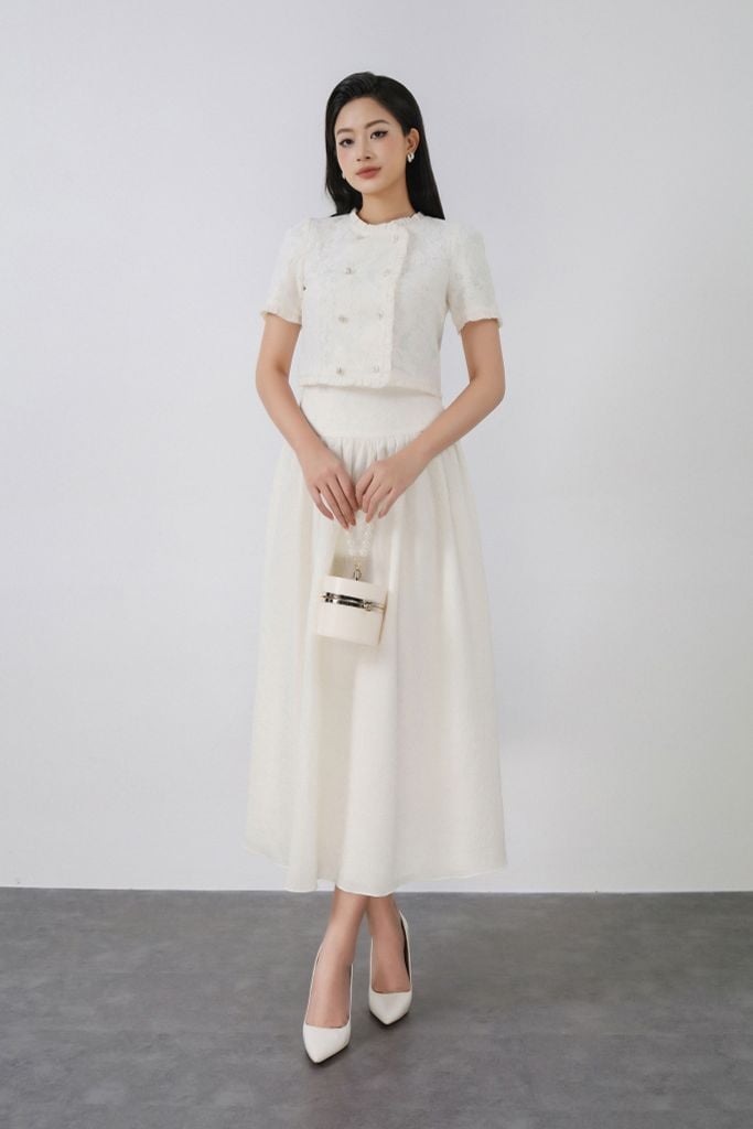 BJD13377 - Chân váy dài vải tơ nhăn dáng suông eo đáp cạp ren hoa thân váy xếp nhún tạo xoè khóa thân sau - PANTIO