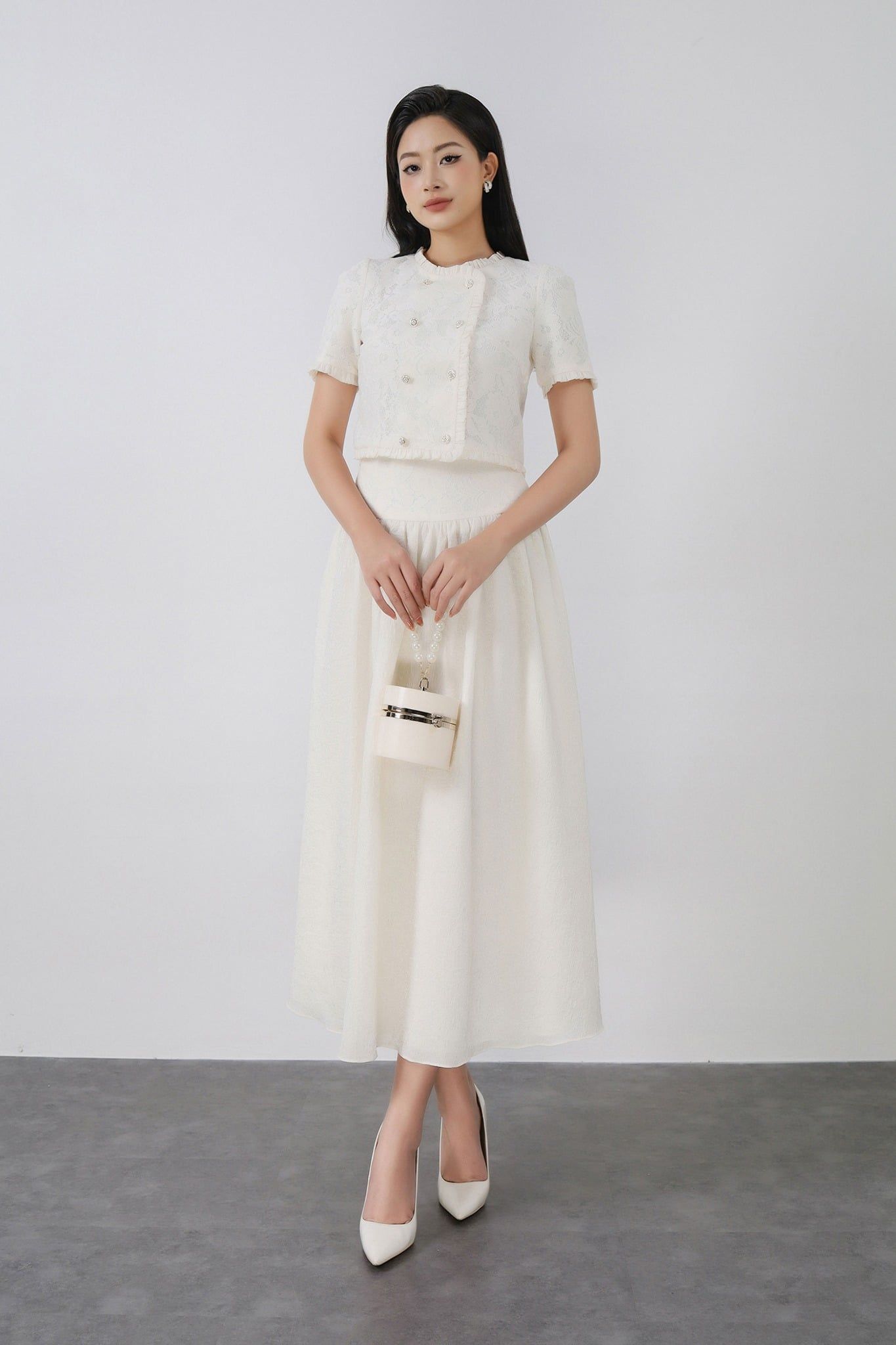 BJD13377 - Chân váy dài vải tơ nhăn dáng suông eo đáp cạp ren hoa thân váy xếp nhún tạo xoè khóa thân sau - PANTIO