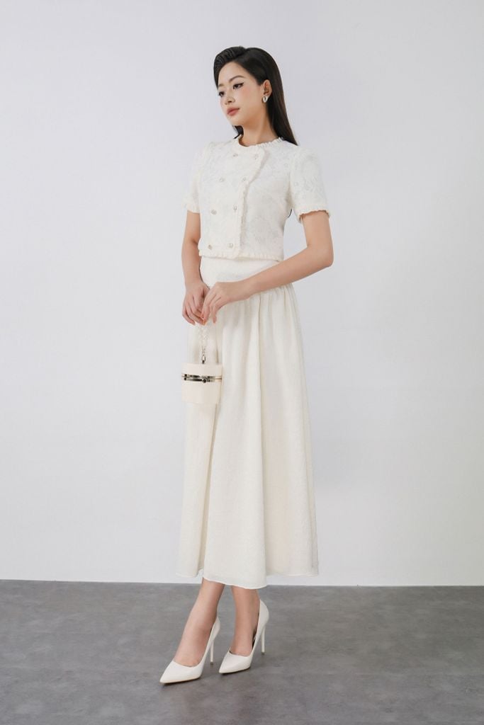 BJD13377 - Chân váy dài vải tơ nhăn dáng suông eo đáp cạp ren hoa thân váy xếp nhún tạo xoè khóa thân sau - PANTIO