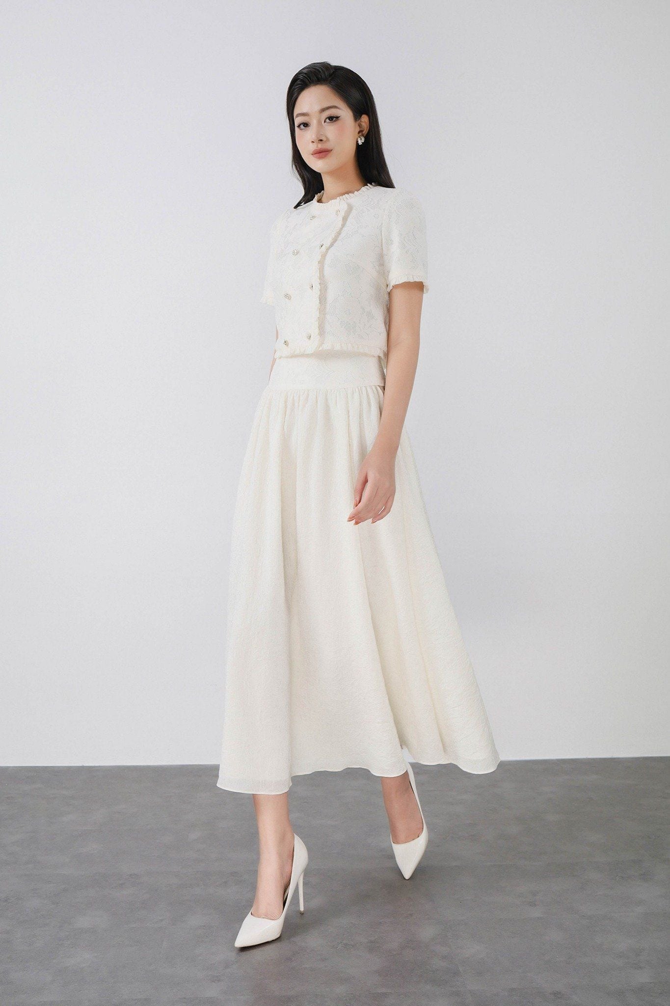 BJD13377 - Chân váy dài vải tơ nhăn dáng suông eo đáp cạp ren hoa thân váy xếp nhún tạo xoè khóa thân sau - PANTIO