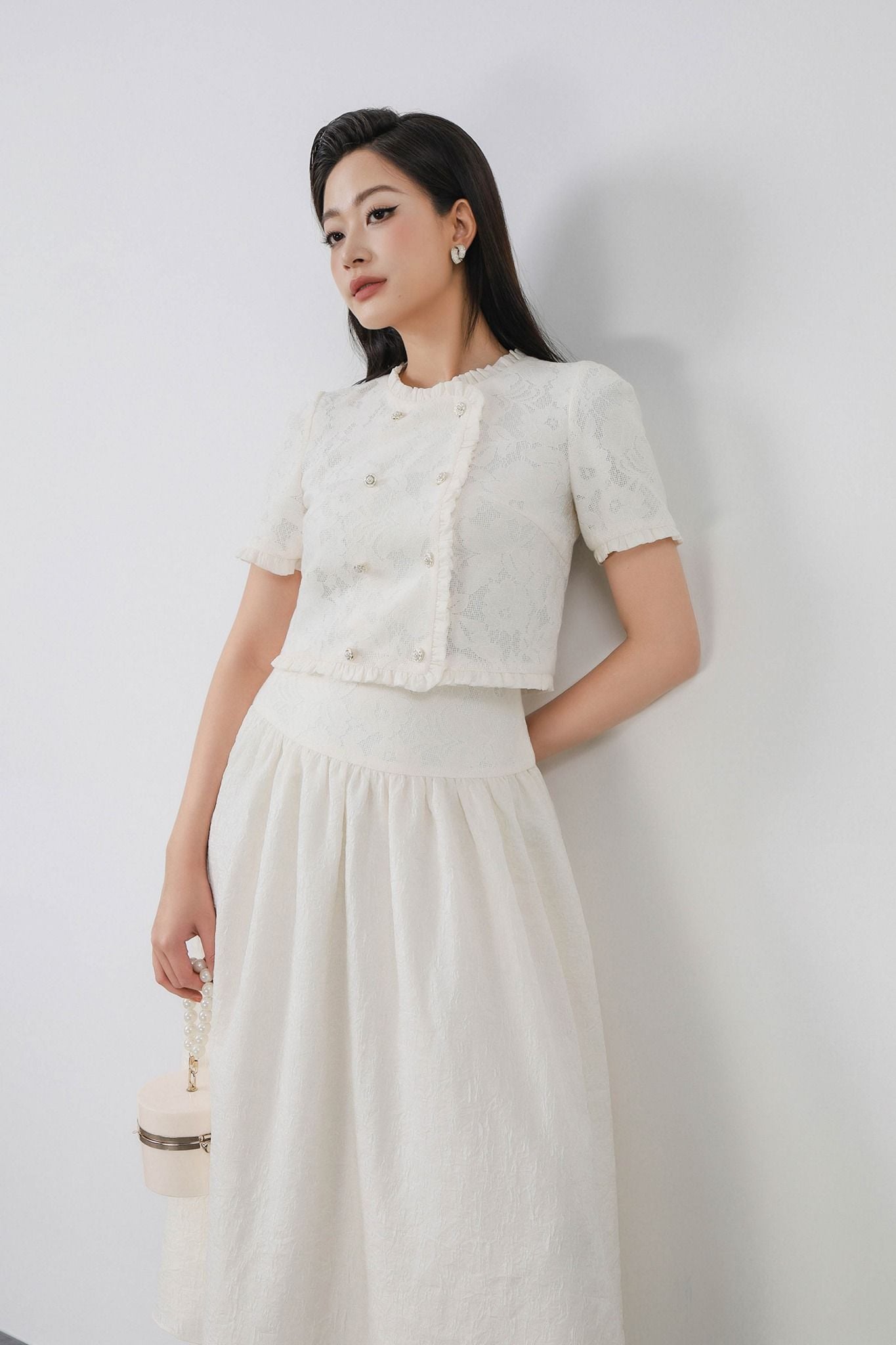 BJD13377 - Chân váy dài vải tơ nhăn dáng suông eo đáp cạp ren hoa thân váy xếp nhún tạo xoè khóa thân sau - PANTIO