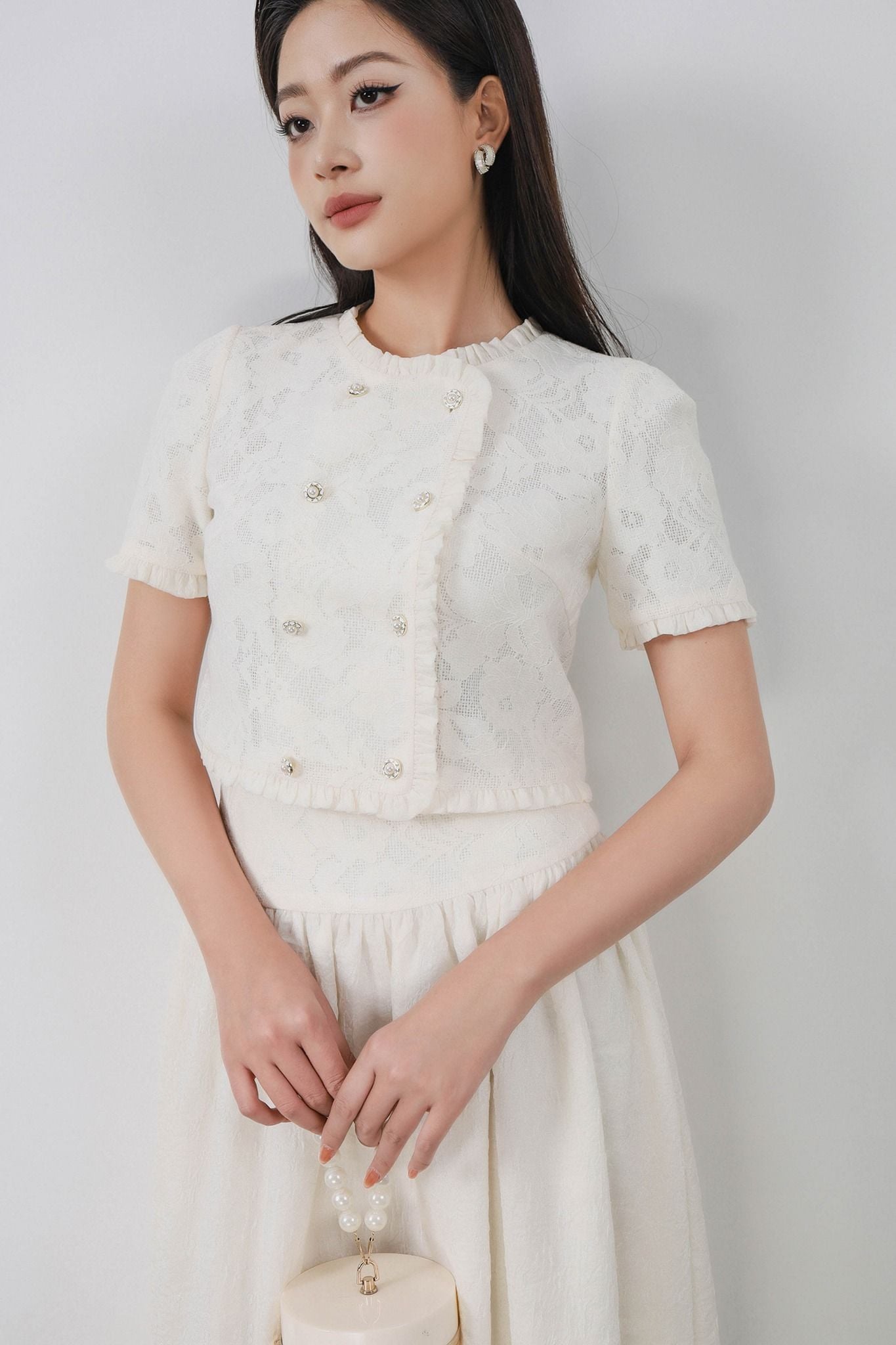 BJD13377 - Chân váy dài vải tơ nhăn dáng suông eo đáp cạp ren hoa thân váy xếp nhún tạo xoè khóa thân sau - PANTIO