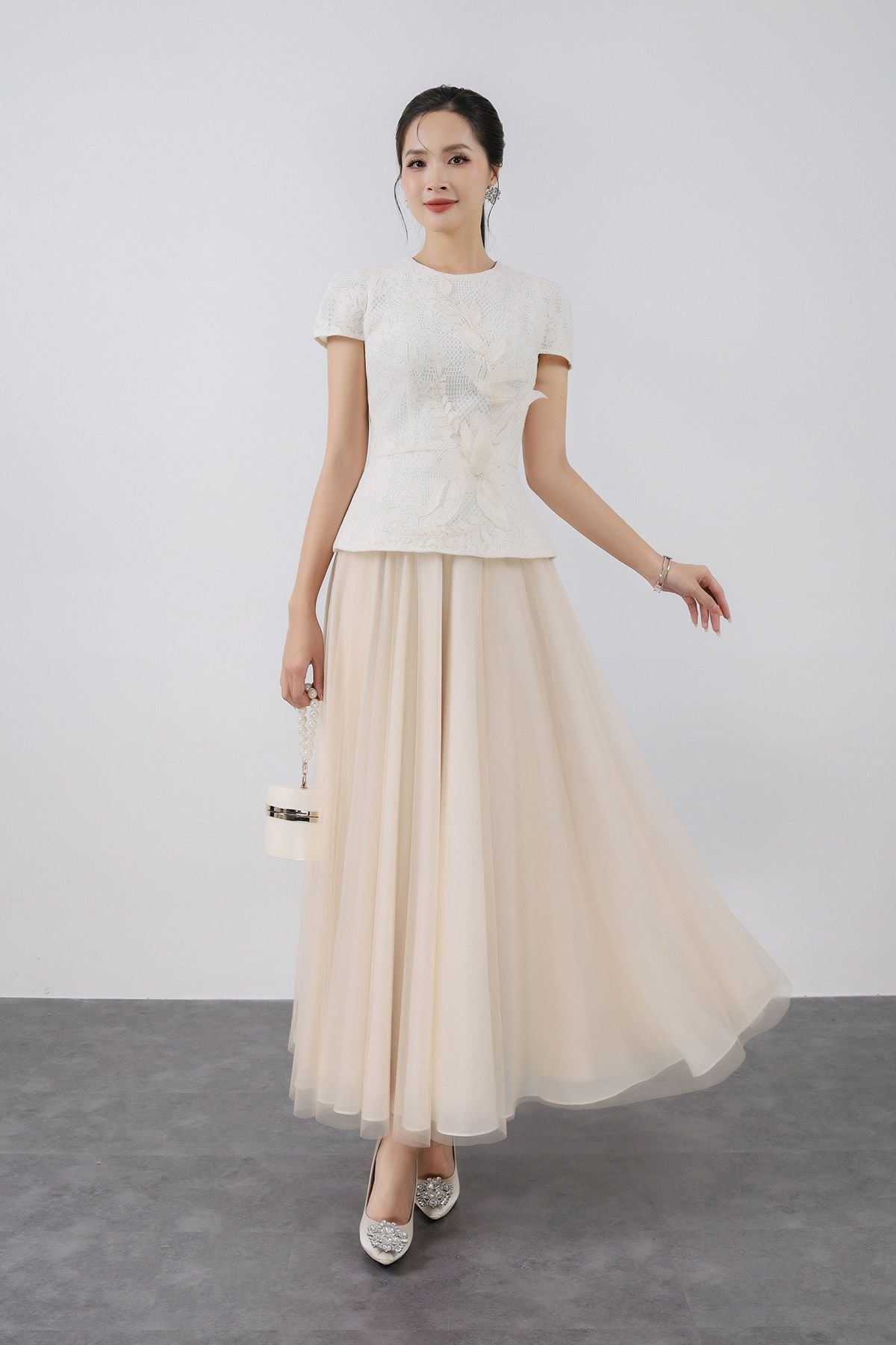 BJD73198 - Chân váy lưới dáng xòe dài có lót habutai cạp chun co giãn - PANTIO