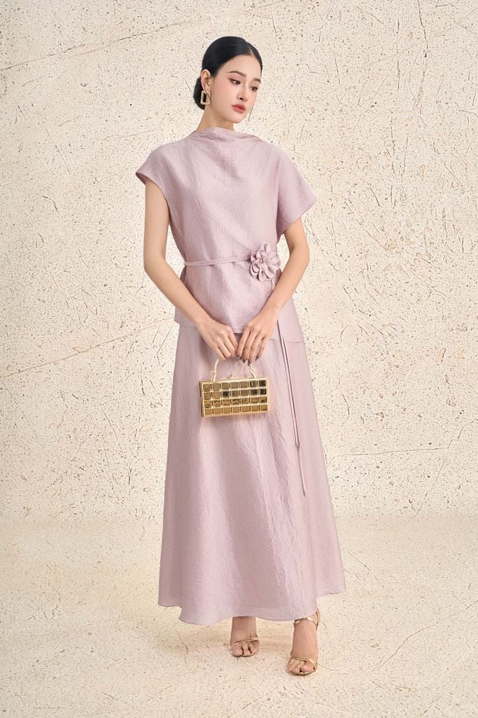 BAK13656 - Áo kiểu công sở vải tơ dáng suông cổ cao tay cánh tiên eo phối dây đai hoa tạo kiểu - PANTIO