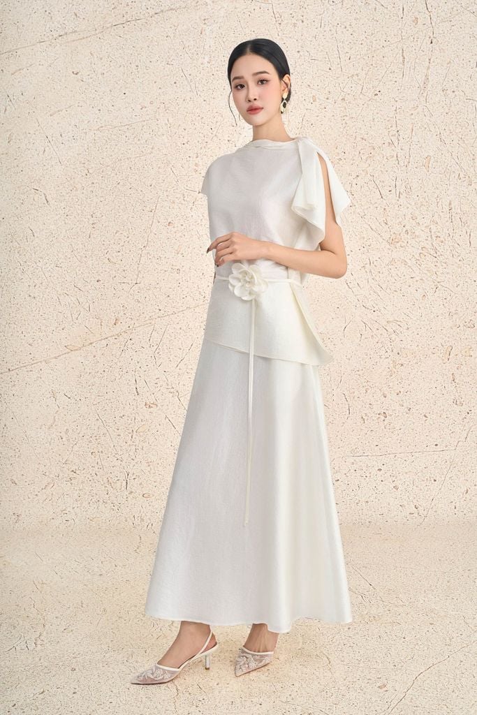 BAK13656 - Áo kiểu công sở vải tơ dáng suông cổ cao tay cánh tiên eo phối dây đai hoa tạo kiểu - PANTIO