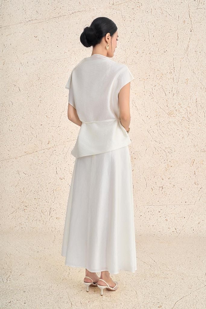 BAK13656 - Áo kiểu công sở vải tơ dáng suông cổ cao tay cánh tiên eo phối dây đai hoa tạo kiểu - PANTIO