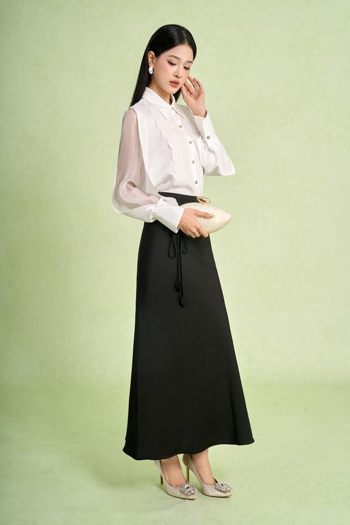 BAK13667 - Áo sơ mi kiểu công sở vải lụa cát dáng suông cổ đức tay dài cách điệu thân áo phối khuy đá thời trang - PANTIO