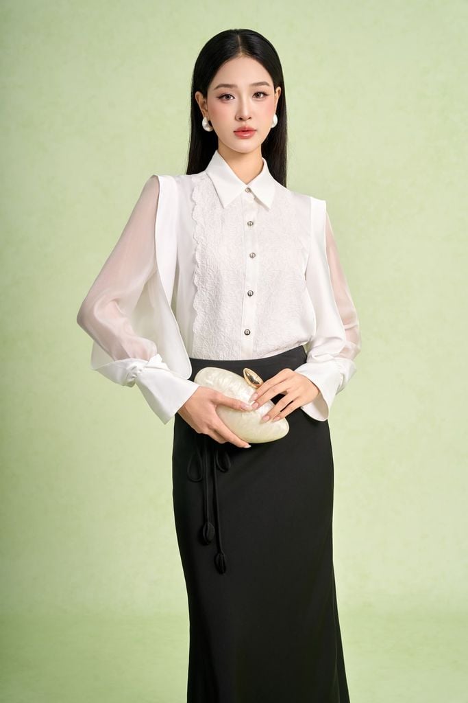 BAK13667 - Áo sơ mi kiểu công sở vải lụa cát dáng suông cổ đức tay dài cách điệu thân áo phối khuy đá thời trang - PANTIO