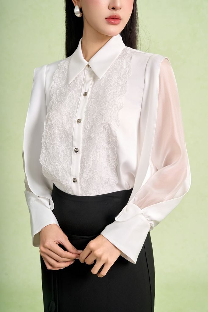 BAK13667 - Áo sơ mi kiểu công sở vải lụa cát dáng suông cổ đức tay dài cách điệu thân áo phối khuy đá thời trang - PANTIO