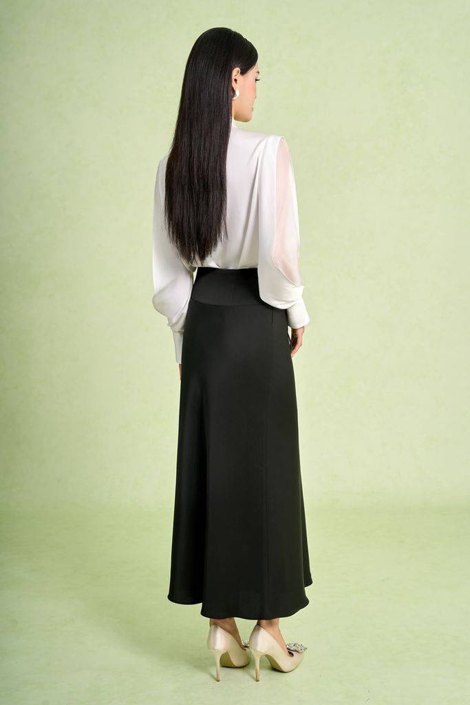 BAK13667 - Áo sơ mi kiểu công sở vải lụa cát dáng suông cổ đức tay dài cách điệu thân áo phối khuy đá thời trang - PANTIO