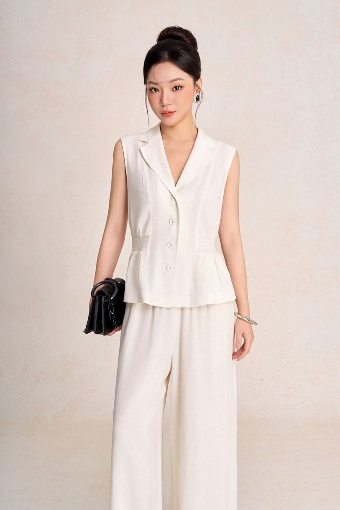 BAK13699 - Áo kiểu công sở vải thô đũi dáng ôm cổ xẻ V thân áo đính khuy bọc eo phối chun ôm tạo kiểu - PANTIO