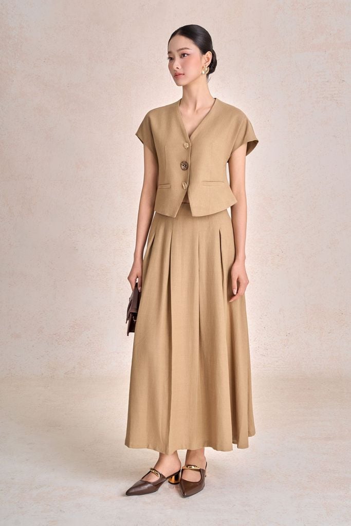 BAK13700 - Áo sơ mi kiểu công sở vải thô đũi dáng ngắn cổ xẻ V tay cộc thân áo phối khuy thời trang - PANTIO